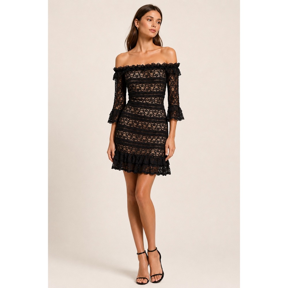 LIKELY Cerrone Dress Black Lace Off Shoulder Ruffle Mini Dress Small